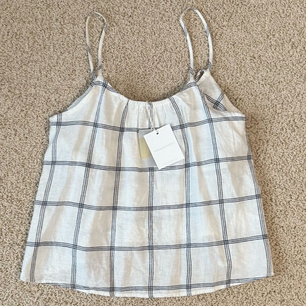 THREAD & SUPPLY NWT Linen Blend Tank Cropped Built in Bra White Black Size Small